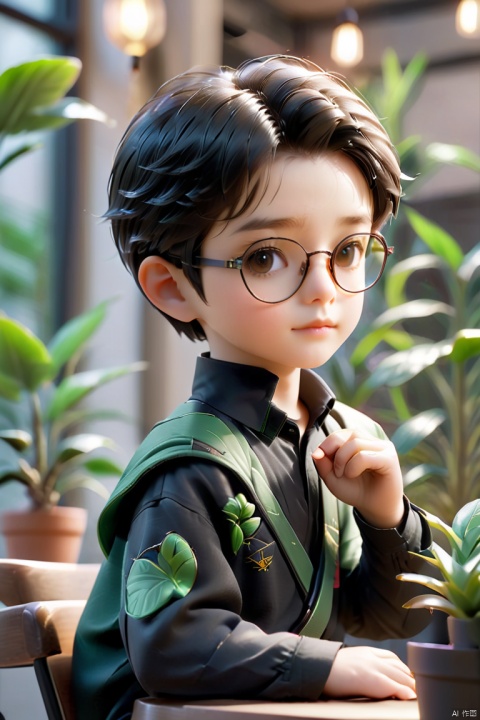 solo, short hair, shirt, black hair, long sleeves, 1boy, holding, sitting, upper body, male focus, glasses, indoors, blurry, black shirt, depth of field, blurry background, chair, table, plant, realistic, potted plant
