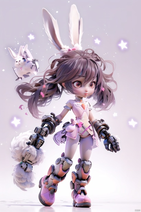 Best quality, masterpiece, illustration, 1 girl, solo, whole body, Rabbit ears, Mecha, Machine, Fluffy rabbit tail, Blank background, Mechanical legs, (fluorescent color :1.5), (Laser purple :1.1), Phosphor, Girl, petety, Pixar, Red Cliff