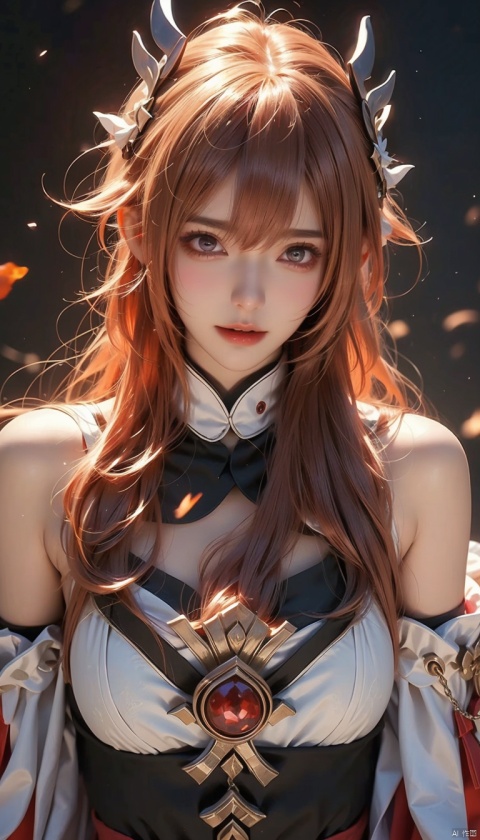  1girl, solo, long hair, looking at viewer, open mouth, red eyes, hair between eyes, bare shoulders, weapon, red hair, horns, teeth, armor, hair over one eye, torn clothes, chain, fire, black background, claws, breastplate
