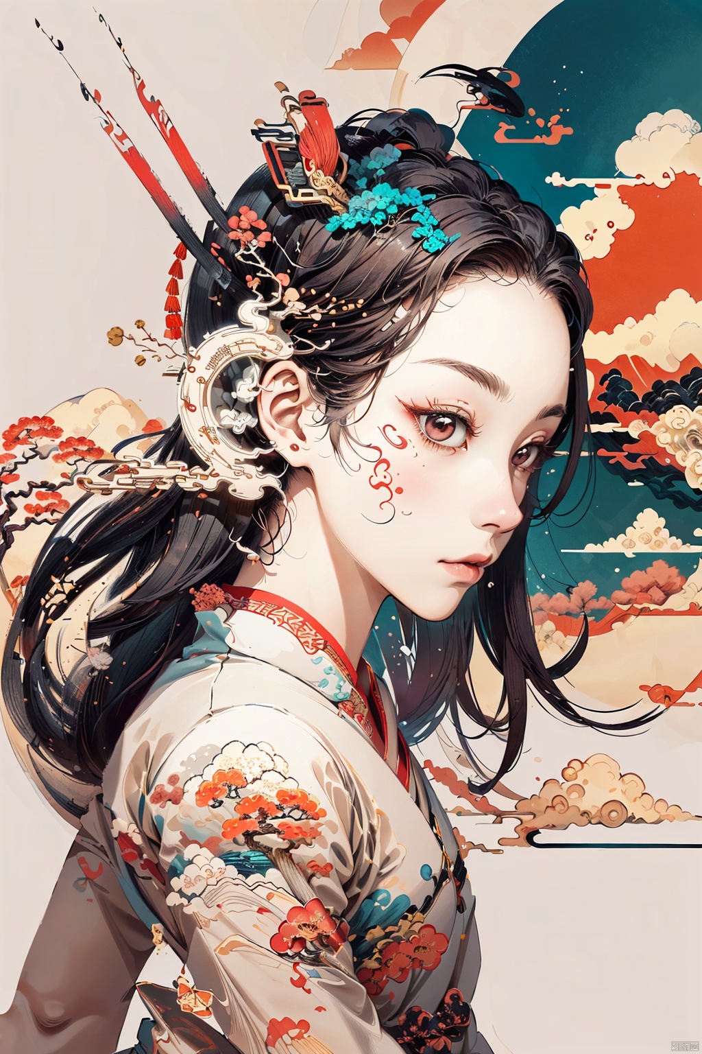  Side profile portrait of a 'Chou' character from traditional Chinese opera, showcasing the unique white patch on the nose and comic expression, reimagined in a simplified geometric style. The character's facial makeup should be portrayed with minimalistic shapes, avoiding the color red and focusing