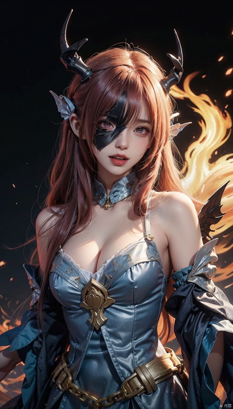  1girl, solo, long hair, looking at viewer, open mouth, red eyes, hair between eyes, bare shoulders, weapon, red hair, horns, teeth, armor, hair over one eye, torn clothes, chain, fire, black background, claws, breastplate
