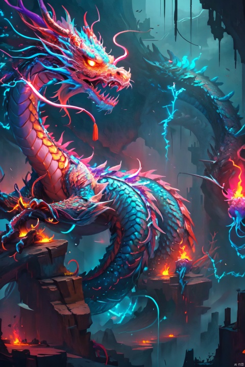  HDR, UHD, 8K, High detailed, best quality, masterpiece, (Cyber Theme) (Colorful, Neon Light) Chinese dragon - huge, (solo), no humans, glowing scales, sharp teeth, 1 pair of sharp angles, clouds, lightning, mysterious, power, ancient, legends, oriental, divine, beast, dragons, breath, scales, flame, eyes, deep, magic, wings, body, dignity, guardians