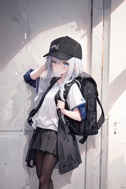  1girl, assault_rifle, backpack, bag, baseball_cap, black_headwear, white pantyhose