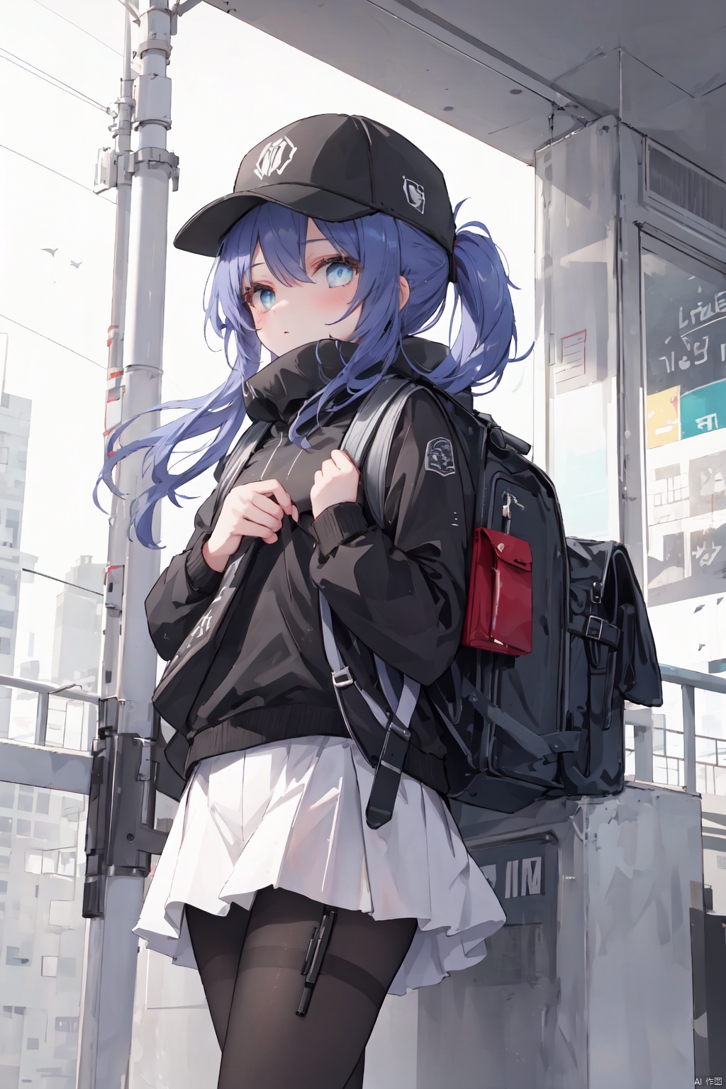  1girl, assault_rifle, backpack, bag, baseball_cap, black_headwear, white pantyhose