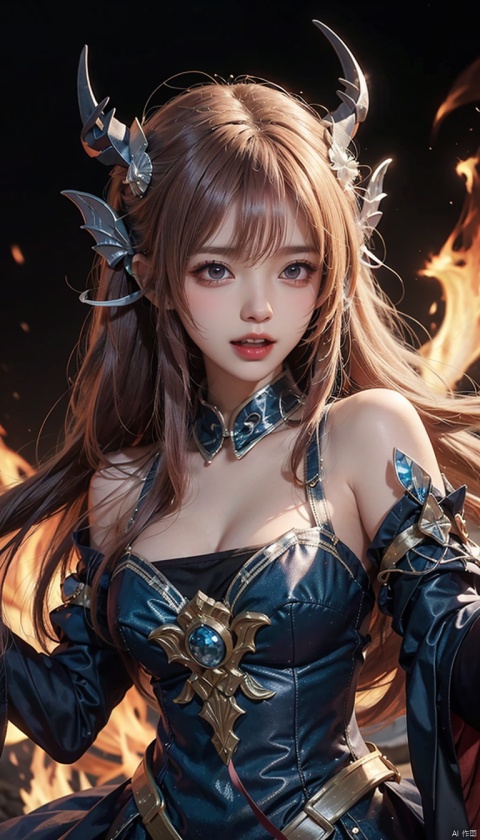  1girl, solo, long hair, looking at viewer, open mouth, red eyes, hair between eyes, bare shoulders, weapon, red hair, horns, teeth, armor, hair over one eye, torn clothes, chain, fire, black background, claws, breastplate
