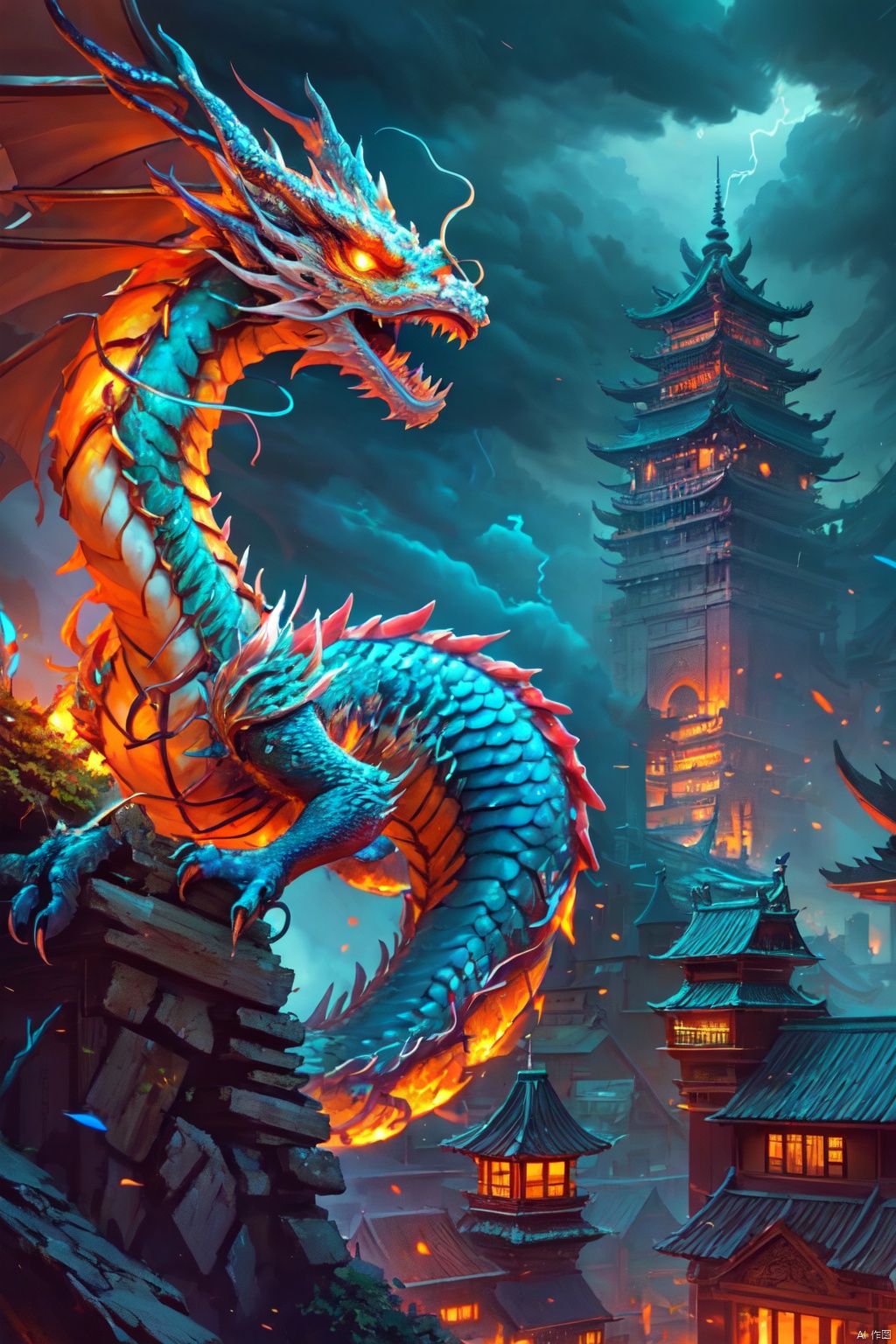  HDR, UHD, 8K, High detailed, best quality, masterpiece, (Cyber Theme) (Colorful, Neon Light) Chinese dragon - huge, (solo), no humans, glowing scales, sharp teeth, 1 pair of sharp angles, clouds, lightning, mysterious, power, ancient, legends, oriental, divine, beast, classical, architecture, traditional, architecture, wood, structure, architecture, courtyard, architecture, roof, design, brick, stone, structure, garden, design, cultural, characteristics, building, materials, architectural, aestheticsdragons, breath, scales, flame, eyes, deep, magic, wings, body, dignity, guardians