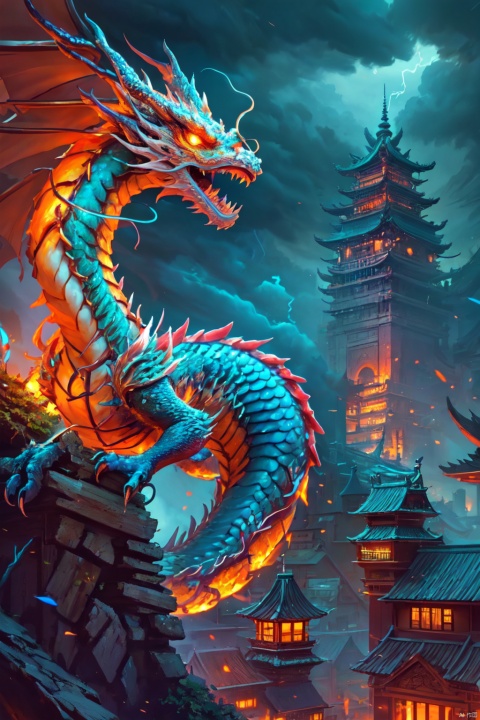  HDR, UHD, 8K, High detailed, best quality, masterpiece, (Cyber Theme) (Colorful, Neon Light) Chinese dragon - huge, (solo), no humans, glowing scales, sharp teeth, 1 pair of sharp angles, clouds, lightning, mysterious, power, ancient, legends, oriental, divine, beast, classical, architecture, traditional, architecture, wood, structure, architecture, courtyard, architecture, roof, design, brick, stone, structure, garden, design, cultural, characteristics, building, materials, architectural, aestheticsdragons, breath, scales, flame, eyes, deep, magic, wings, body, dignity, guardians