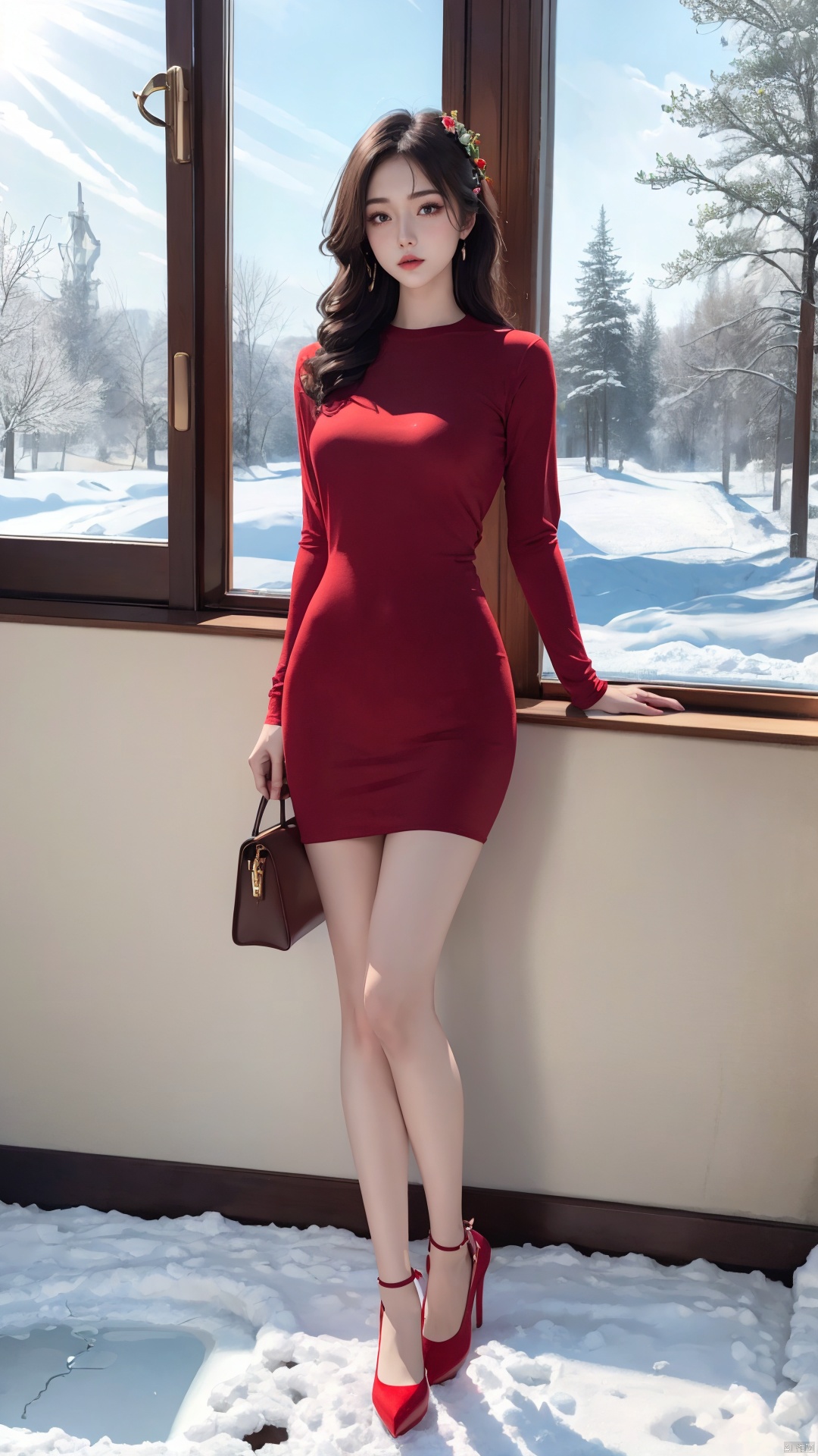  A full-body photo of a girl, red shirt, bare long legs, high heels, winter, realism, HD 16K, snow, winter, light rays