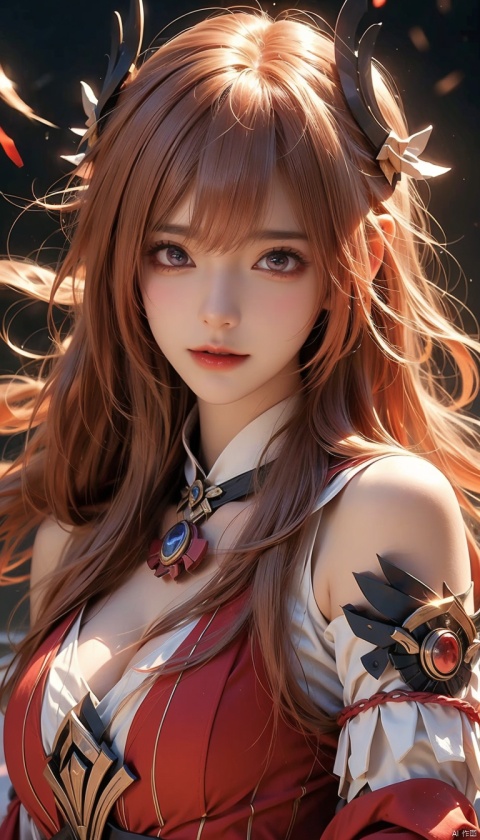  1girl, solo, long hair, looking at viewer, open mouth, red eyes, hair between eyes, bare shoulders, weapon, red hair, horns, teeth, armor, hair over one eye, torn clothes, chain, fire, black background, claws, breastplate
