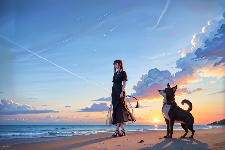 maqima girl,maqima with a vicious dog walking on the beach, Black silk long dress,from below,low view,Evening,Mid-view,the sea,（darkness：1.3）,（Dark light：1.3）,Best quality, 8k wallpaper, super high resolution, shadows, silhouette