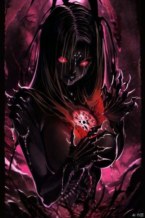  1girl,Satanism,occultism,（Gothic art）,aesthetic,Slim and powerful claws,Sharp black claws and line,Blood color,big breasts,dark skin,high_resolution,ultra-detailed,Strong atmosphere, seductive eyes, coloured glaze