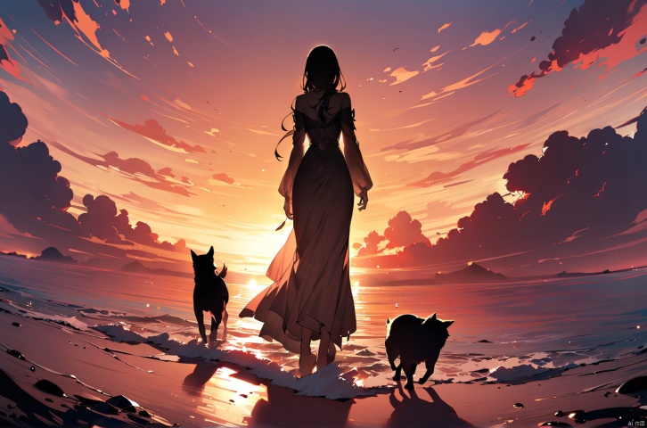 1girl,maqima with a vicious dog walking on the beach, Black silk long dress,from below,sunset,sunlight,low view,Mid-view,the sea,Best quality, 8k wallpaper, super high resolution, silhouette, makima_\(chainsaw_man\)