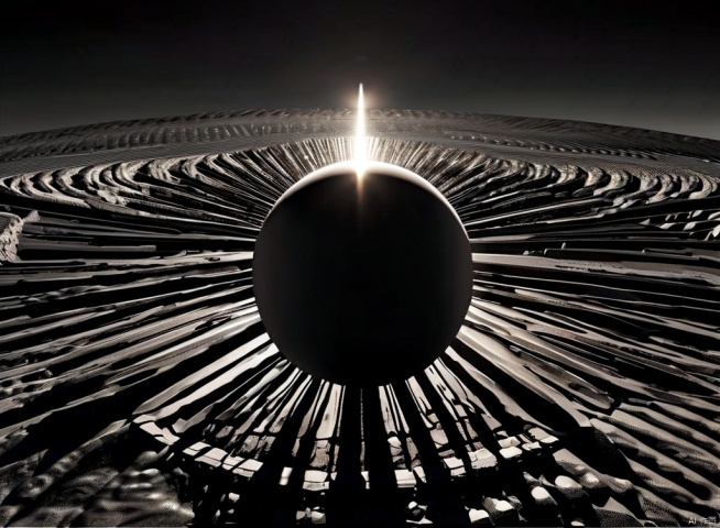  The Black Sun at the Center, pressure, darkness, big scene, central composition, masterpiece, Black and white cartoons,Aerial View,vanishing 