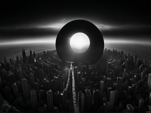  The Black Sun at the Center, pressure, skyline,darkness, big scene, central composition, masterpiece, Black and white ,Aerial View,vanishing,