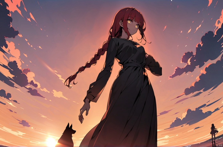  1girl,maqima with a vicious dog walking on the beach, Black silk long dress,from below,sunset,sunlight,low view,Mid-view,the sea,Best quality, 8k wallpaper, super high resolution, silhouette, makima_\(chainsaw_man\),red_hair,yellow_eyes,braided_ponytail,bangs,ringed_eyes,long_hair,