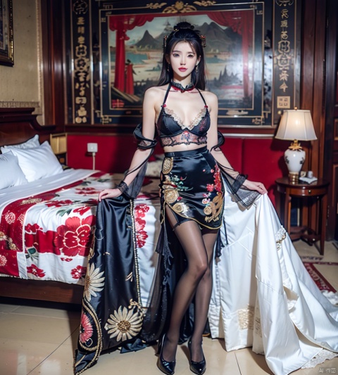  1 girl, single, Bra, large chest, full chest, cleavage, middle, (closed chest),Wearing a lace camisole skirt. Sexy clothes. The clothes have floral patterns with petals. In the hotel, the sea view room, pantyhose,Black pantyhose,sufei, tutututu,cheongsam,  armor, xtt