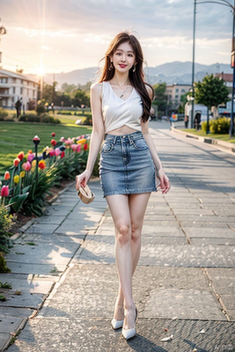  The girl is taking off her black stockings, personalized depictions, octagonal renderings, masterpieces, realistic textures, smooth skin, ray tracing, countryside, wilderness, outings, (tulips), (gradient sky), (beautiful scenery), (sunset), (heaven and earth connected), medium (chest closed), long straight hair, lace trimmed vest T-shirt, smile, women's bag, denim mini skirt, wearing earrings, slim high heels, 