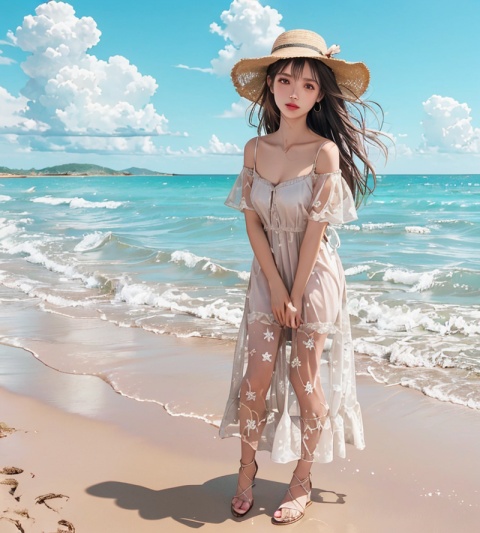  1girl, dress, hat, holding shoes, bird, holding, outdoors, solo, long hair, white dress, green eyes, looking at viewer, ocean, beach, holding clothes, off-shoulder dress, water, shoes, bangs, brown hair, sandals, day, seagull, standing, off shoulder, barefoot, shoes removed, blush, hair between eyes, bare shoulders, sandals removed, collarbone, sky, parted lips, sand, sun hat, cloud, waves, breasts, realistic, vibrantProj, houtufeng