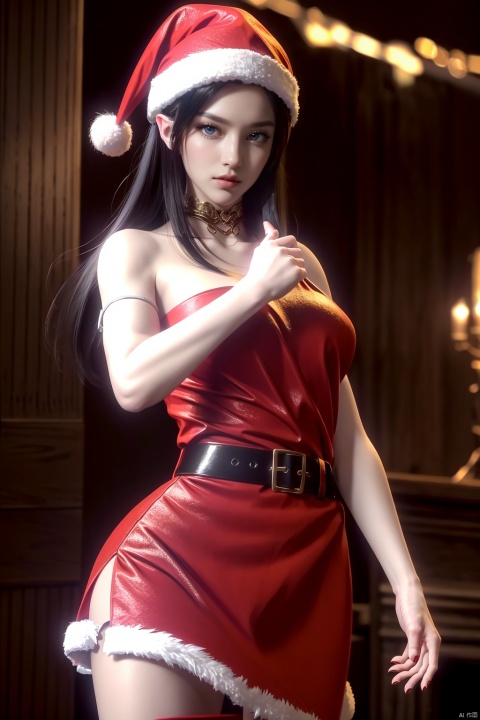  (8k, RAW photo, best quality, masterpiece:1.2),hatching (texture),skin gloss,light persona,
(high detailed skin),
1girl,solo,very long hair,bare shoulders,belt,christmas,red dress,fingerless gloves,santa costume,striped thighhighs,looking at viewer,very long hair,bare shoulders,belt, mds-hd, mds