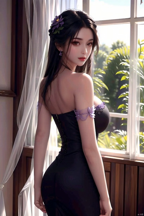  1girl, breasts, dress, solo, large breasts, long hair, hair ornament, looking at viewer, ass, pantyhose, black hair, curtains, indoors, strapless, purple dress, window, bare shoulders, hair flower, looking back, flower, strapless dress, from behind, brown eyes, parted bangs, closed mouth, cowboy shot, back, black pantyhose, smile, bangs, standing, sunlight, lips,big butt, fleshy, plump, slightly chubby