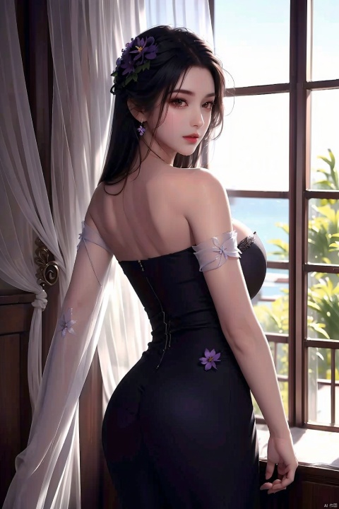  1girl, breasts, dress, solo, large breasts, long hair, hair ornament, looking at viewer, ass, pantyhose, black hair, curtains, indoors, strapless, purple dress, window, bare shoulders, hair flower, looking back, flower, strapless dress, from behind, brown eyes, parted bangs, closed mouth, cowboy shot, back, black pantyhose, smile, bangs, standing, sunlight, lips,big butt, fleshy, plump, slightly chubby