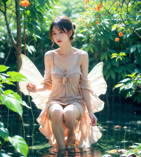  ((full_body)), Girl,cleavage, collarbone, ponytail holder, Girl, short hair, earrings, hat, girl uses a camera to capture butterflies. Butterflies are dancing among the flowers. The mangrove forest and grass are covered with maple leaves, flowers, roses, plants, butterflies, , asuka,, 1girl