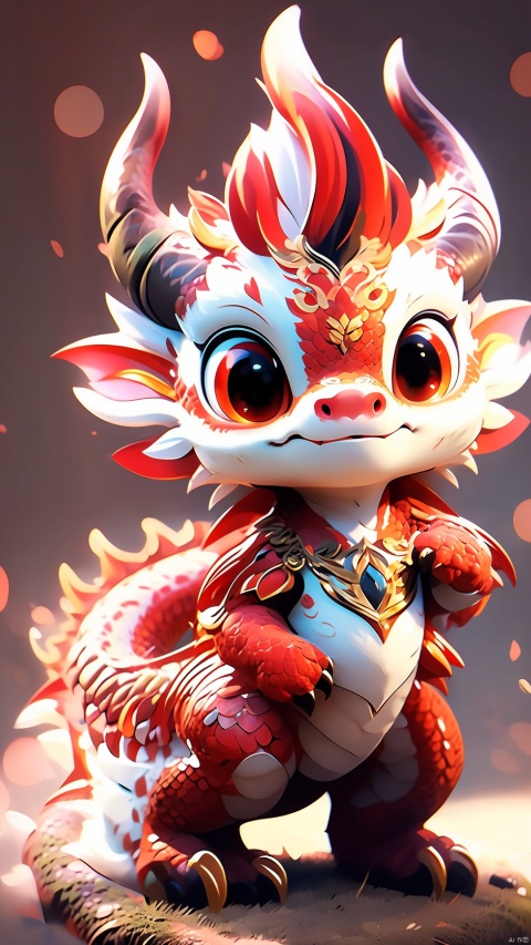  HTTP, horns, chibi,red eyes, solo, tail, smile, claws, looking at viewer, dragon, dragon tail, full body, closed mouth, jewelry, dragon horns,Bright, Warm Light,chibi