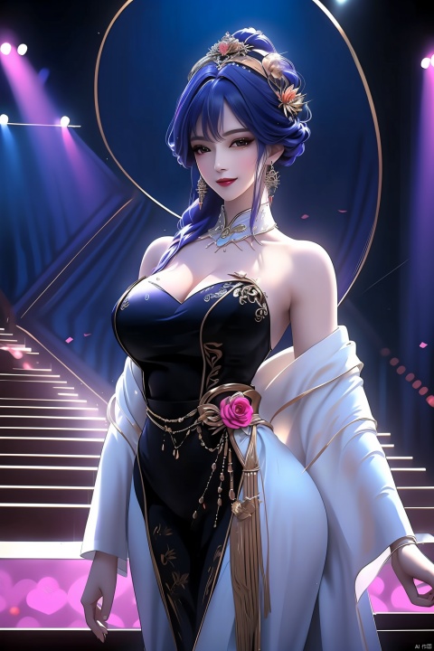  anime, in jelly, idol, microphone, audience, pink, woman, heart, slouching, face, smile,half body, smile, tits, mature women, (huge breasts :1), skin, tall, narrow waist, thighs, wide hips, eyeliner, eyelashes, perfect face, detailed eyes, facial lighting, looking at the audience (Masterpiece, high quality :1.2)