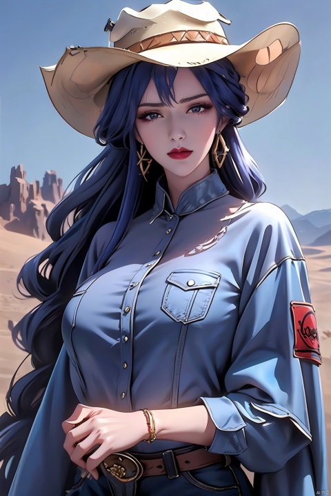  A girl, American Western architecture, Cowboy Hat, cowboy west, day, Denim, desert, dirty, hat, jacket, long hair, outdoors, sky, solo, Upper body, meiren