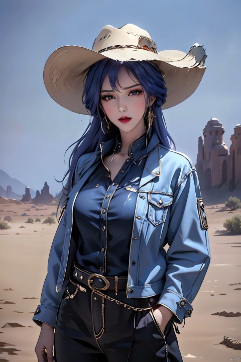  A girl, American Western architecture, Cowboy Hat, cowboy west, day, Denim, desert, dirty, hat, jacket, long hair, outdoors, sky, solo, Upper body, meiren