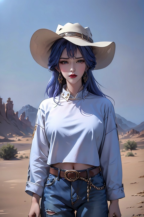  A girl, American Western architecture, Cowboy Hat, cowboy west, day, Denim, desert, dirty, hat, jacket, long hair, outdoors, sky, solo, Upper body, meiren