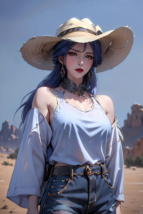  A girl, American Western architecture, Cowboy Hat, cowboy west, day, Denim, desert, dirty, hat, jacket, long hair, outdoors, sky, solo, Upper body, meiren