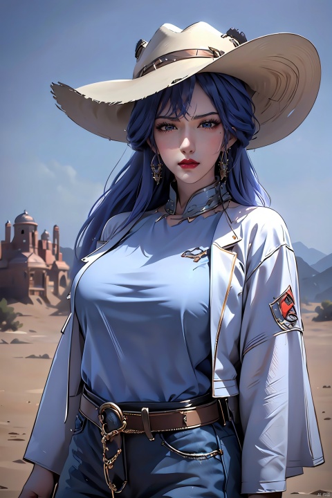  A girl, American Western architecture, Cowboy Hat, cowboy west, day, Denim, desert, dirty, hat, jacket, long hair, outdoors, sky, solo, Upper body, meiren