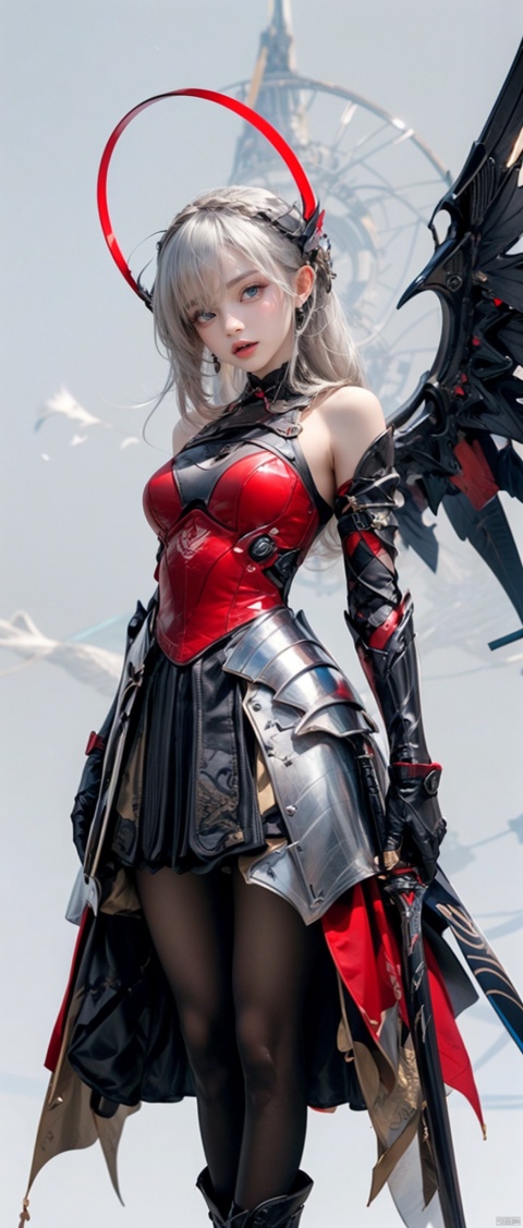  robot girl, 1girl, solo, halo, long hair, wings, weapon, sword, breasts, armor, full body, looking at viewer, dress, holding, red dress, mechanical wings, bangs, bare shoulders, sheath, red gloves, holding sword, holding weapon, grey eyes, gauntlets, boots, pantyhose, white hair, standing, white background, hair between eyes, gloves, closed mouth, head tilt, medium breasts