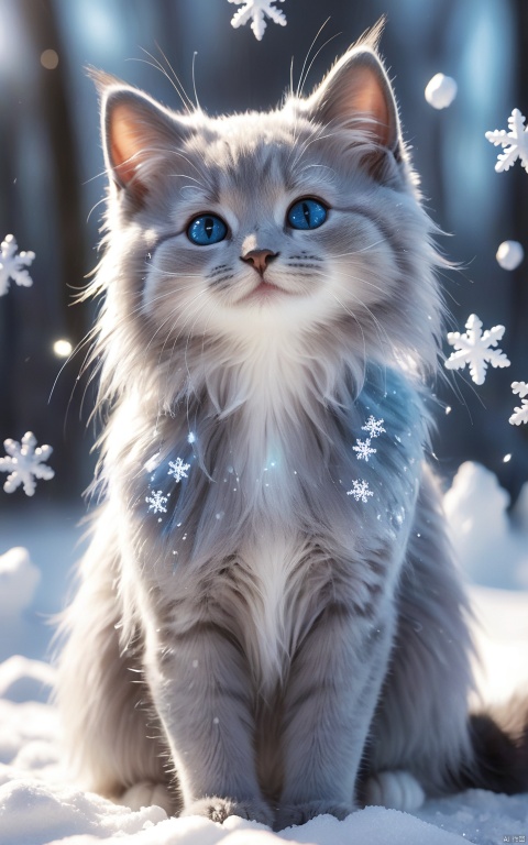  (best quality),(masterpiece),little fluffy blue kitten playing with little snowflakes,small detailed eyes with highlights,long eyelashes,fur,original style,cute,cute and charming,fantasy with glowing eyes,sparkling Sun,soft light,glitter,professional photo,beautiful,3d,realistic,8k,high resolution,cgi,hyperrealism,1/300's,highly detailed digital painting,bizarre,