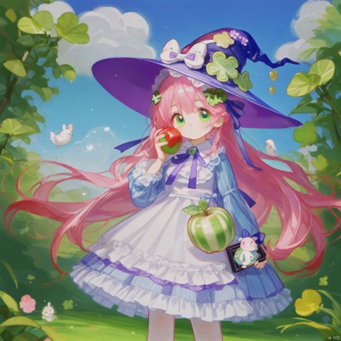  1girl, solo, long hair, looking at viewer, hair ornament, dress, holding, very long hair, green eyes, standing, pink hair, flower, outdoors, food, sky, day, cloud, hair flower, tree, book, fruit, bird, animal, grass, bug, butterfly, lolita fashion, rabbit, apple, absurdly long hair, rainbow, clover, four-leaf clover, dove1girl, solo, long hair, looking at viewer, blue eyes, hat, dress, bow, ribbon, holding, standing, purple eyes, pink hair, witch hat, blue dress, hat bow, bubble, crystal, picture frame, high details, accurate, omochi_newest