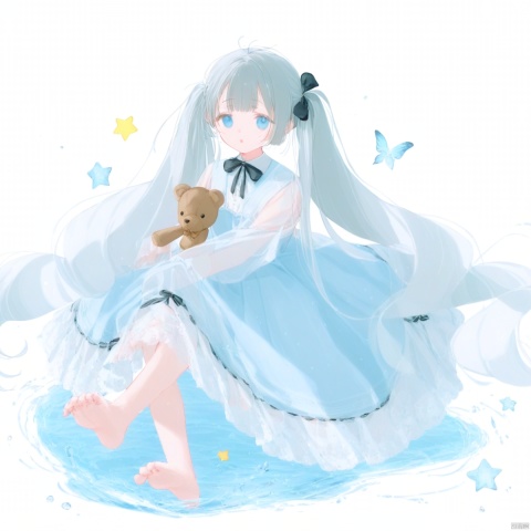  1girl, solo, long hair, looking at viewer, bangs, blue eyes, hair ornament, long sleeves, dress, bow, twintails, very long hair, flower, grey hair, parted lips, barefoot, hair flower, water, star \(symbol\), see-through, book, plaid, black bow, blue dress, animal, stuffed toy, stuffed animal, bug, butterfly, teddy bear, see-through sleeves, high details, accurate, omochi_newest, kbxll
