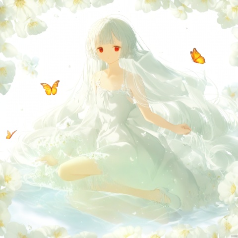  1girl, solo, long hair, looking at viewer, bangs, red eyes, dress, bow, holding, very long hair, full body, flower, white hair, shoes, water, white dress, bug, white flower, butterfly, reflection, picture frame, high details, accurate, omochi_newest, kbxll