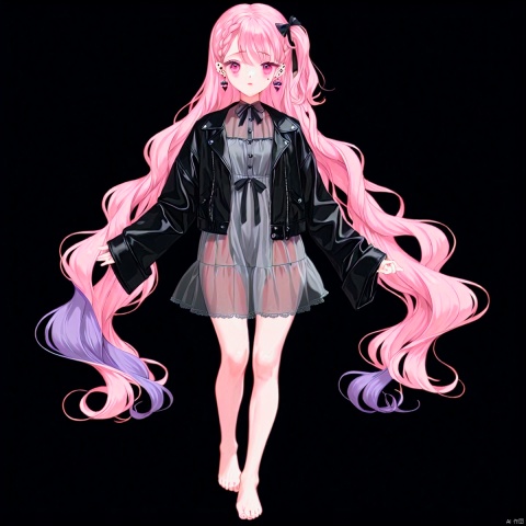 1girl, solo, long hair, looking at viewer, simple background, long sleeves, dress, bow, ribbon, jewelry, very long hair, jacket, full body, pink hair, purple hair, braid, hair bow, earrings, barefoot, pink eyes, see-through, one side up, wavy hair, piercing, black background, ear piercing, high details, accurate, omochi_newest, Colored premium gray