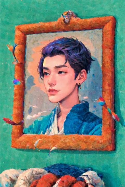  A baize painting hanging on the wall, the sun above, advanced lighting and shading,A painting of wool felt, There is a boy in the felt painting,1boy ,Wool felt, wool painting effect, Mongolian clothes, earrings,portrait,