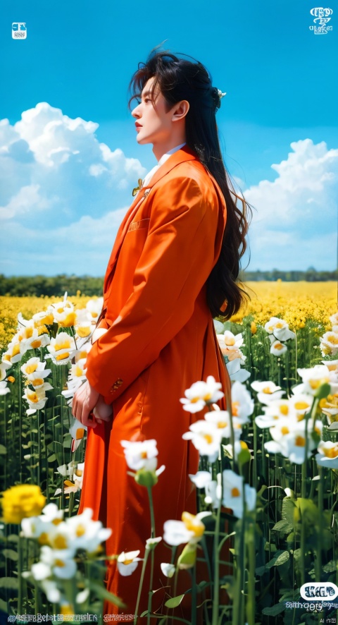  An elegant man, dressed in an orange suit with wavy hair, stood in a field of flowering rape flowers against a background of blue sky and white clouds. The Breeze made the corners of his clothes and hair flutter slightly, famous artist, Master of light art painting, high definition photography, cover design