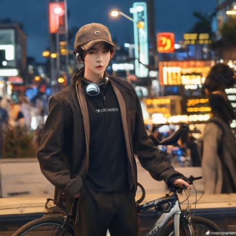 Wearing a coffee-colored baseball cap,  headphones around neck,Headphone, black mask, black loose black sport coat, brown  crossbody bag, shared bike, black pants, outdoor, night view, road, Southern China city street, Hangzhou,Ride a bike
- High-quality photography
- Master's work
- Detailed face description
- 1boy,solo
- Sexy pose
- Fashionable man
- Confident expression
- Majestic environmental elements
- Photography
- Center of focus is fashion. , ((poakl)), Light master