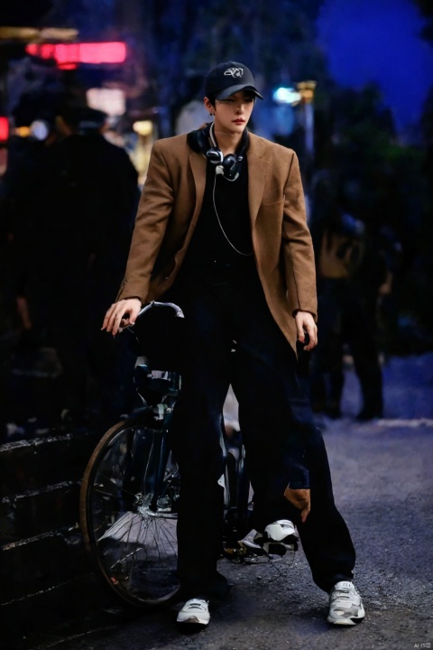  Wearing a coffee-colored baseball cap, headphones around neck,Headphone, black mask, black loose black sport coat, brown crossbody bag, shared bike, black pants, outdoor, night view, road, Southern China city street, Hangzhou,Ride a bike
- High-quality photography
- Master's work
- Detailed face description
- 1boy,solo
- Sexy pose
- Fashionable man
- Confident expression
- Majestic environmental elements
- Photography
- Center of focus is fashion. , ((poakl)), Light master