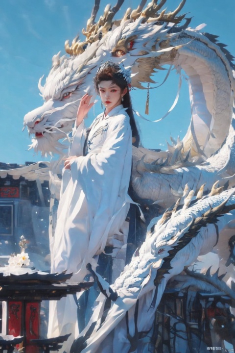  Masterpiece, best quality, 8k, Crazy detail, Intricate detail, Super detail, Ultra High quality, High detail, Super Detail, Outdoor, 1 boy, solo, jewelry, Hair accessories, Hanfu, earrings, long hair,flowers, Look at the audience, Dynamic Angle, dynamic pose, Chinese dragon,Mecha,Sky, dynamic Angle, dynamic pose, Chinese Dragon,Mecha, sky, Gundam, drakan_longdress_dragon crown_headdress, Dragon and girl