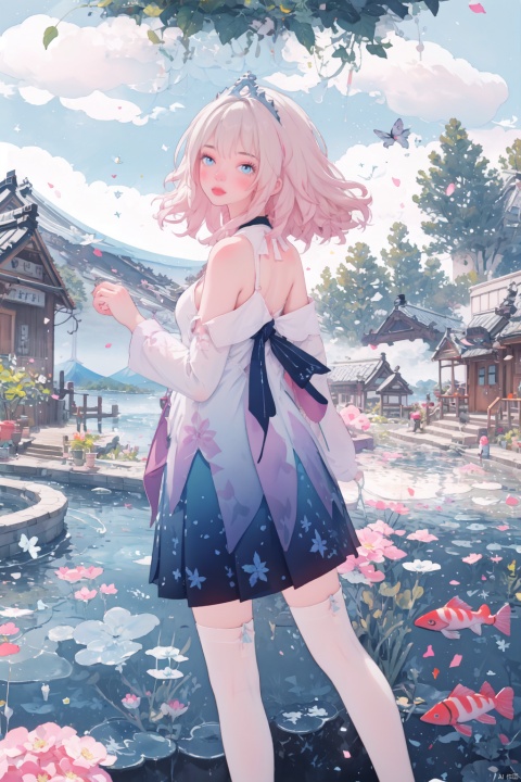  realistic, octane render, 3D CG, [(simple background:1.6)::5],Dynamic angle,[Bottle bottom], (1girl:1.3), art by makoto shinkai (flat color:1.3),colorful,floating colorful wind,(Highest picture quality), (Master's work), (Detailed eye description),(imid shot,macro shot:1.25),(8K wallpaper), (Detailed face description),depth of field,(lens flare),floating colorful water, (floating colorful mount fuji:1.3),floating colorful traffic light,roadblock,railing,ruins,moss,floating rain,stream,wilderness,small dust, ((breeze)), wind, summer,sunlight, (railway:1.3), (blurry background), road by the sea,ruins,station, (An abandoned roadside station:1.5) ,Mountains and forests,water,wading,partially_submerged,(Strong sunlight:1.2),(Altocumulus:1.2),bird, butterfly, falling petals, (from back,from below:1.1), (fisheye:1.2), full body,standing,looking back, looking to the side,
wlop style,wlop,
\\\\\\\\\\\\\\\\\\\\\\\\\\\\\\\\\\\\\\
new syq, dress, tiara, blue eyes, full body, detached sleeves, bare shoulders, white thighhighs, short hair, pink hair,
\\\\\\\\\\\\\\\\\\\\\\\\\\\\\\\\\\\\\
,full_body,1girl, 1 girl, beautiful face, haoche, large_breast, wlop, new syq