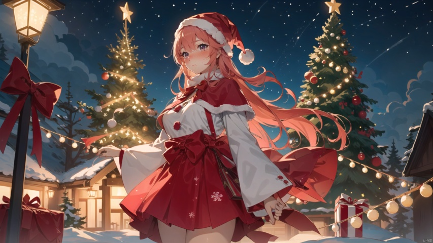  masterpiece,best quality,1women,goddess, pink hair, very long hair,hidden hands,,Christmas tree, gift, decorations, snowflakes, warm colors, soft focus, christmas, tutututu, nahida
masterpiece, best quality, (silhouette:1.25), Warm tone, Santa hat, red skirt, medium breasts, Night, stars, starry sky, ((clear background)),yaemikodef
