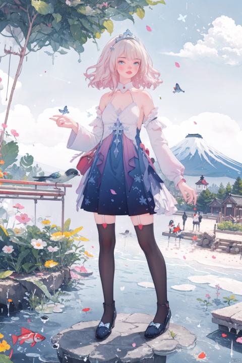  realistic, octane render, 3D CG, [(simple background:1.6)::5],Dynamic angle,[Bottle bottom], (1girl:1.3), art by makoto shinkai (flat color:1.3),colorful,floating colorful wind,(Highest picture quality), (Master's work), (Detailed eye description),(imid shot,macro shot:1.25),(8K wallpaper), (Detailed face description),depth of field,(lens flare),floating colorful water, (floating colorful mount fuji:1.3),floating colorful traffic light,roadblock,railing,ruins,moss,floating rain,stream,wilderness,small dust, ((breeze)), wind, summer,sunlight, (railway:1.3), (blurry background), road by the sea,ruins,station, (An abandoned roadside station:1.5) ,Mountains and forests,water,wading,partially_submerged,(Strong sunlight:1.2),(Altocumulus:1.2),bird, butterfly, falling petals, (from back,from below:1.1), (fisheye:1.2), full body,standing,looking back, looking to the side,
wlop style,wlop,
\\\\\\\\\\\\\\\\\\\\\\\\\\\\\\\\\\\\\\
new syq, dress, tiara, blue eyes, full body, detached sleeves, bare shoulders, white thighhighs, short hair, pink hair,
\\\\\\\\\\\\\\\\\\\\\\\\\\\\\\\\\\\\\
,full_body,1girl, 1 girl, beautiful face, haoche, large_breast, wlop, new syq