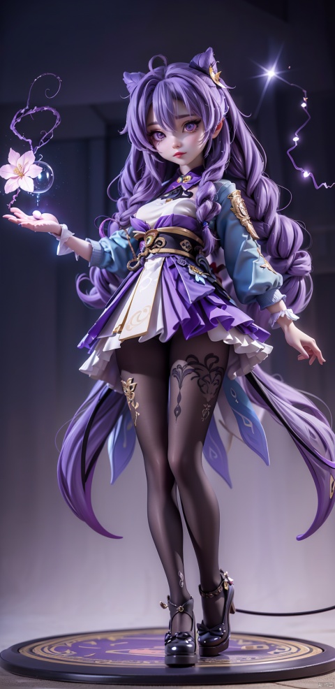  21yo girl, 
purple hair, purple eyes, glowing eyes, electricity,Silk stockings, jackets, lightning, Short skirt,Artifacts,purple magic, aura, full body,magic circle, braids,very long hair,hair flowe,tarry sky,
(glass:1.1),(false:1.15),(void:1.25),(magic:1.25),

(wide shot, wide angle, from below, full body shot),

HDR, Vibrant colors, surreal photography, highly detailed, masterpiece, ultra high res,
high contrast, mysterious, cinematic, fantasy, bright natural light, pantyhose, keqing \(genshin impact\)