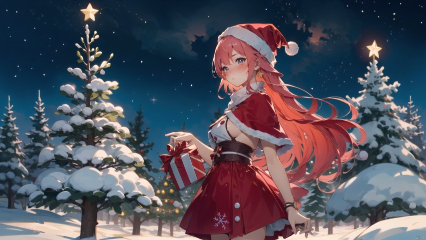  masterpiece,best quality,1women,goddess, pink hair, very long hair,hidden hands,,Christmas tree, gift, decorations, snowflakes, warm colors, soft focus, christmas, tutututu, nahida
masterpiece, best quality, (silhouette:1.25), Warm tone, Santa hat, red skirt, medium breasts, Night, stars, starry sky, ((clear background)),yaemikodef