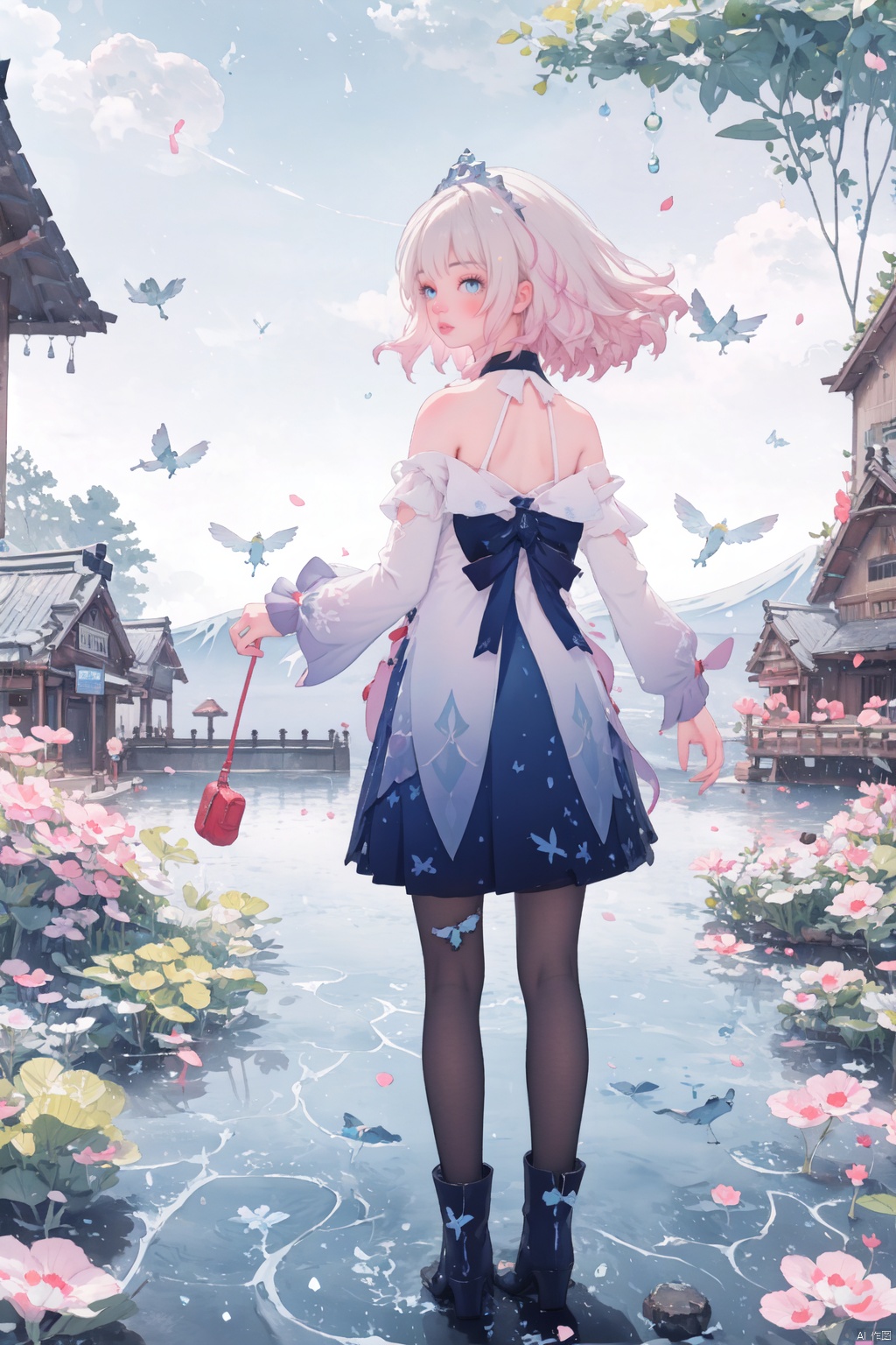  realistic, octane render, 3D CG, [(simple background:1.6)::5],Dynamic angle,[Bottle bottom], (1girl:1.3), art by makoto shinkai (flat color:1.3),colorful,floating colorful wind,(Highest picture quality), (Master's work), (Detailed eye description),(imid shot,macro shot:1.25),(8K wallpaper), (Detailed face description),depth of field,(lens flare),floating colorful water, (floating colorful mount fuji:1.3),floating colorful traffic light,roadblock,railing,ruins,moss,floating rain,stream,wilderness,small dust, ((breeze)), wind, summer,sunlight, (railway:1.3), (blurry background), road by the sea,ruins,station, (An abandoned roadside station:1.5) ,Mountains and forests,water,wading,partially_submerged,(Strong sunlight:1.2),(Altocumulus:1.2),bird, butterfly, falling petals, (from back,from below:1.1), (fisheye:1.2), full body,standing,looking back, looking to the side,
wlop style,wlop,
\\\\\\\\\\\\\\\\\\\\\\\\\\\\\\\\\\\\\\
new syq, dress, tiara, blue eyes, full body, detached sleeves, bare shoulders, white thighhighs, short hair, pink hair,
\\\\\\\\\\\\\\\\\\\\\\\\\\\\\\\\\\\\\
,full_body,1girl, 1 girl, beautiful face, haoche, large_breast, wlop, new syq